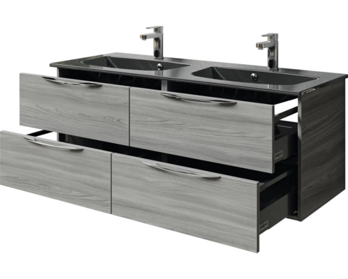 Meuble-lavabo avec deux lavabos, robinets et quatre tiroirs aspect bois