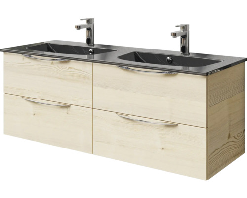Meuble sous-vasque avec deux vasques, quatre tiroirs et poignées
