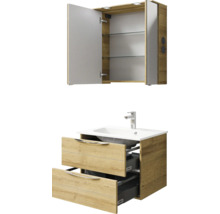 Badezimmerset mit Waschbeckenunterschrank, zwei Schubladen und Spiegelschrank mit offenen Türen und Glasablagen