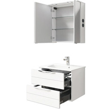 Badezimmermöbelset mit Waschbeckenunterschrank, Waschbecken und Spiegelschrank mit offenen Türen und Schubladen