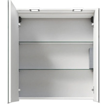 Offener Spiegelschrank mit Glasablagen und Beleuchtung