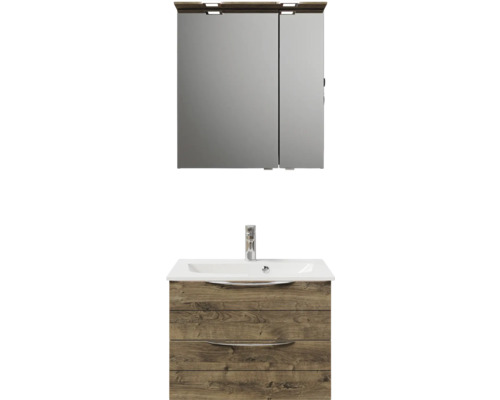Badmöbel-Set Pelipal Sunline 300 BxHxT 67 x 200 x 48 cm Frontfarbe eiche ribbeck Badmöbelset 3-teilig mit Waschtisch Mineralmarmor Badezimmer Waschtisch mit zwei Schubladen, Waschbecken und Spiegelschrank