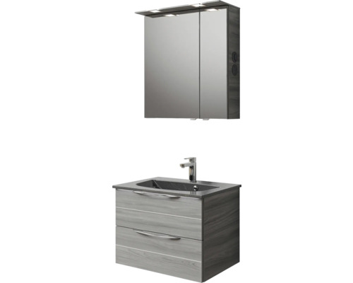 Waschtischunterschrank mit zwei Schubladen, Waschtisch und Spiegelschrank mit Beleuchtung für das Badezimmer.