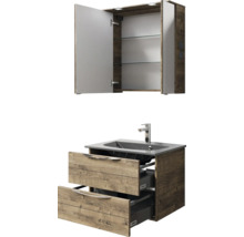 Badezimmer-Set mit Waschbeckenunterschrank mit zwei offenen Schubladen und Spiegelschrank mit offenen Türen und Einlegeböden