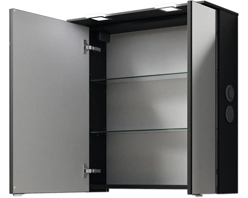 Offener Spiegelschrank mit Glasablagen und Beleuchtung