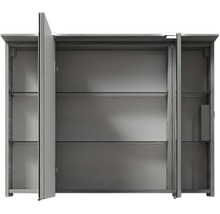 Geöffneter Spiegelschrank mit Glasablagen