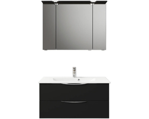 Set de meubles de salle de bains Pelipal Sunline 300 lxhxp 97 x 200 x 48 cm couleur de façade noir mat set de meubles de salle de bains 3 pièces avec vasque en marbre minéral
