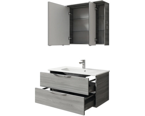 Meuble sous-lavabo avec deux tiroirs et armoire de toilette avec portes ouvertes pour l''aménagement de la salle de bains