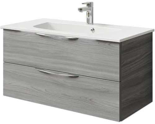 Meuble sous-lavabo avec deux tiroirs, lavabo et robinet