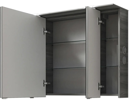 Armoire de toilette ouverte avec étagères en verre