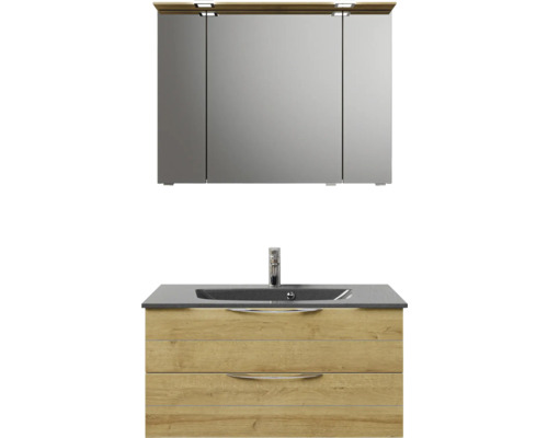 Set de meubles de salle de bains Pelipal Sunline 300 lxhxp 97 x 200 x 48 cm couleur de façade chêne riviera set de meubles de salle de bains 3 pièces avec vasque en marbre minéral gris métallique