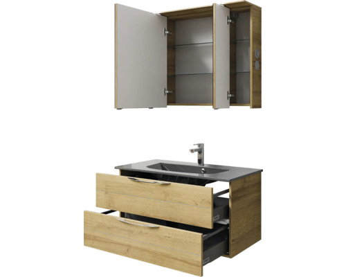 Waschtisch mit Waschbecken und Spiegelschrank für das Badezimmer