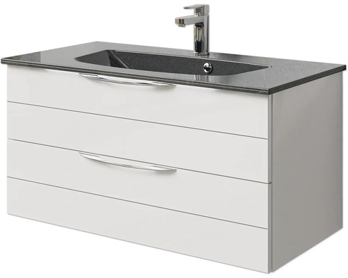 Meuble sous-lavabo avec deux tiroirs, plan de toilette et robinetterie