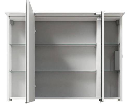 Armoire de toilette ouverte avec trois portes et étagères en verre
