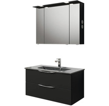 Waschtischunterschrank mit Waschbecken und Spiegelschrank mit Beleuchtung für das Badezimmer.