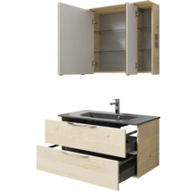 Waschtischkombination mit Spiegelschrank aus Holz und Glas