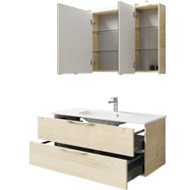 Waschtisch mit Unterschrank und Spiegelschrank mit offenen Türen für das Badezimmer