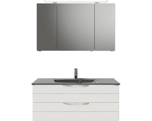 Badmöbel-Set Pelipal Sunline 300 BxHxT 117 x 200 x 48 cm Frontfarbe weiß hochglanz Badmöbelset 3-teilig mit Waschtisch Mineralmarmor grau-metallic Waschtisch mit Unterschrank und Spiegelschrank für das Badezimmer