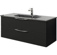 Badmöbel-Set Pelipal Sunline 300 BxHxT 117 x 200 x 48 cm Frontfarbe schwarz matt Badmöbelset 3-teilig mit Waschtisch Mineralmarmor grau-metallic