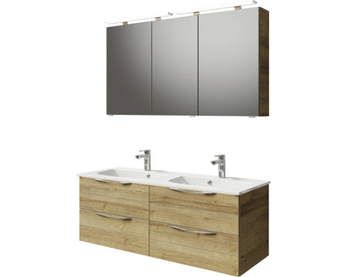 Ensemble de salle de bains avec armoire de toilette, deux lavabos et meuble sous-lavabo avec tiroirs