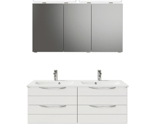 Badmöbel-Set Pelipal Sunline 300 BxHxT 132 x 200 x 48 cm Frontfarbe weiß hochglanz Badmöbelset 3-teilig mit Waschtisch Mineralmarmor Badezimmermöbelset mit Doppelwaschtisch, Unterschrank und Spiegelschrank