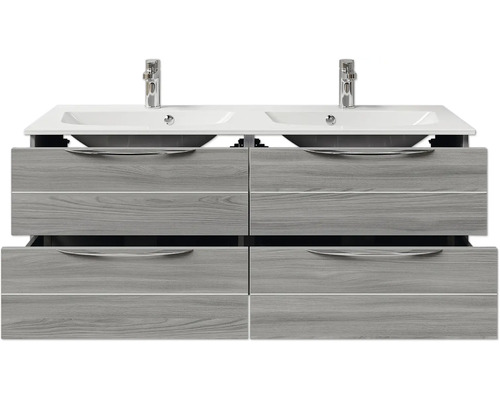 Waschtischunterschrank mit zwei Waschbecken und Schubladen im Holzdesign