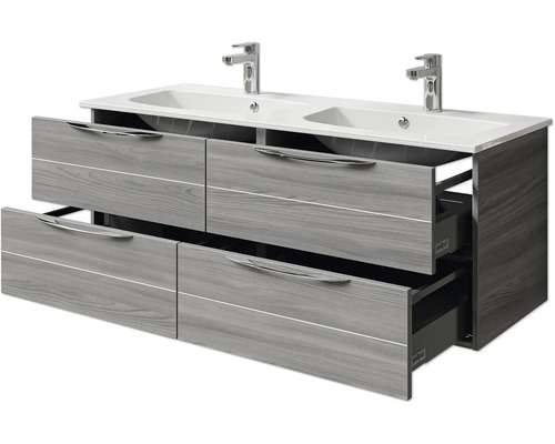 Waschtischunterschrank mit zwei Waschbecken und Schubladen in Holzoptik