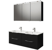 Waschtisch mit zwei Waschbecken und Unterschrank mit Schubladen sowie Spiegelschrank mit Beleuchtung
