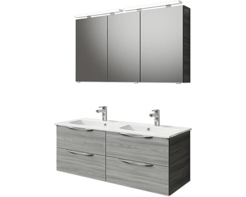 Ensemble de meubles de salle de bains avec armoire de toilette, meuble sous-lavabo, deux lavabos et robinetterie