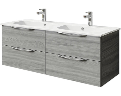 Meuble sous-lavabo avec deux lavabos, quatre tiroirs et robinets