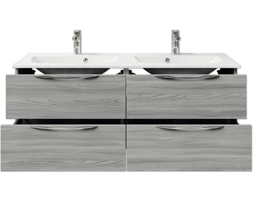 Meuble-lavabo avec double vasque, tiroirs gris et poignées