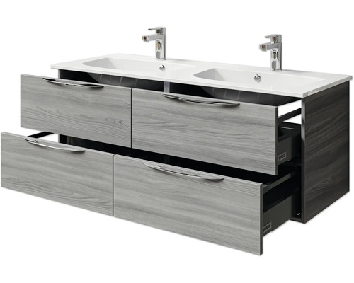 Meuble sous-lavabo double avec tiroirs ouverts pour salle de bains