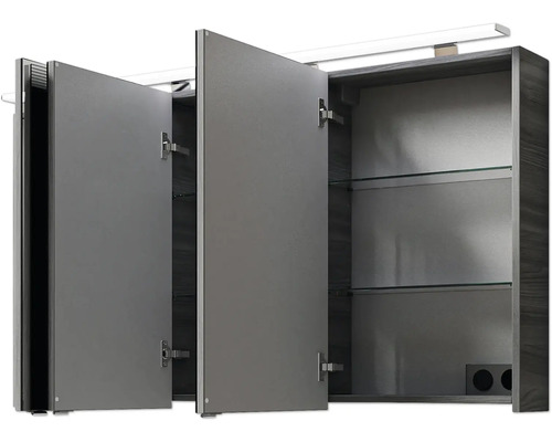 Armoire de toilette ouverte avec éclairage et étagères en verre