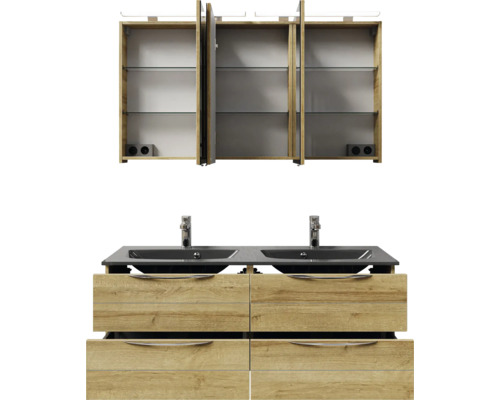 Meuble-lavabo avec deux lavabos et armoire de toilette à trois portes