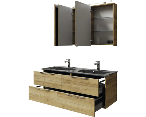 Ensemble de meubles de salle de bains avec meuble sous-lavabo, deux lavabos et armoire de toilette