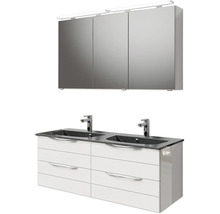 Badmöbel-Set Pelipal Sunline 300 BxHxT 132 x 200 x 48 cm Frontfarbe weiß hochglanz Badmöbelset 3-teilig mit Waschtisch Mineralmarmor grau-metallic