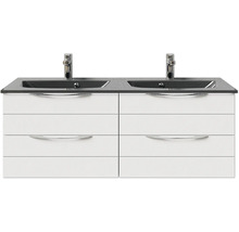 Badmöbel-Set Pelipal Sunline 300 BxHxT 132 x 200 x 48 cm Frontfarbe weiß hochglanz Badmöbelset 3-teilig mit Waschtisch Mineralmarmor grau-metallic