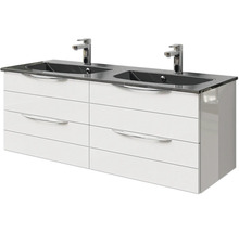Badmöbel-Set Pelipal Sunline 300 BxHxT 132 x 200 x 48 cm Frontfarbe weiß hochglanz Badmöbelset 3-teilig mit Waschtisch Mineralmarmor grau-metallic