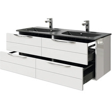 Badmöbel-Set Pelipal Sunline 300 BxHxT 132 x 200 x 48 cm Frontfarbe weiß hochglanz Badmöbelset 3-teilig mit Waschtisch Mineralmarmor grau-metallic