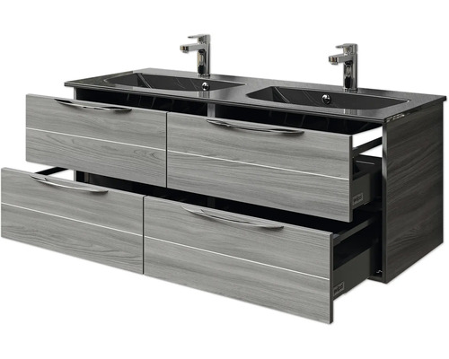 Meuble sous-lavabo avec deux lavabos, tiroirs et robinets