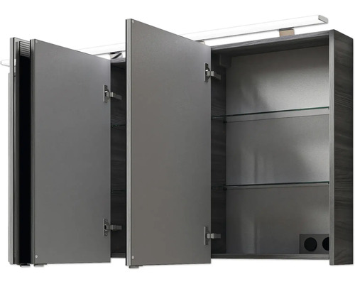 Armoire de toilette ouverte avec éclairage et étagères en verre