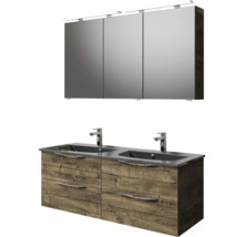 Badezimmerset mit Waschtischunterschrank, Doppelwaschbecken und Spiegelschrank mit Beleuchtung
