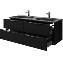 Badmöbel-Set Pelipal Sunline 300 BxHxT 132 x 200 x 48 cm Frontfarbe schwarz matt Badmöbelset 3-teilig mit Waschtisch Mineralmarmor grau-metallic