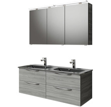Waschtisch mit zwei Waschbecken, Unterschrank mit Schubladen und Spiegelschrank mit Beleuchtung