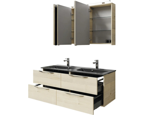 Ensemble de salle de bains avec meuble sous-lavabo, double vasque et armoire de toilette