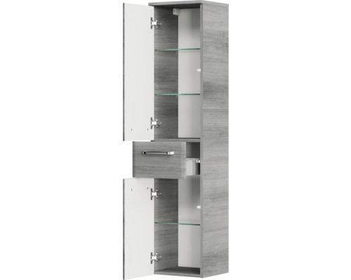 Armoire haute avec portes ouvertes, tiroir et étagères en verre pour la salle de bains