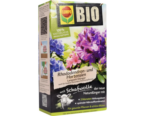 Engrais longue durée COMPO BIO engrais pour rhododendrons et hortensias à la laine de mouton ingrédients 100% naturels 2 kg, effet longue durée 5 mois