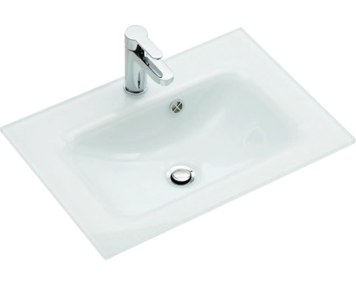 Vasque à poser avec robinet et étagère en verre