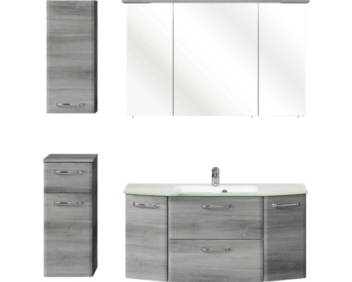 Badmöbel-Set Pelipal Quickset 328 BxHxT 145 x 200 x 39 cm Frontfarbe graphit struktur quer mit Glas-Waschtisch weiß, Unterschrank und Wandschrank 328.120007 Badmöbelset mit Spiegelschrank, Waschbeckenunterschrank und Seitenschrank