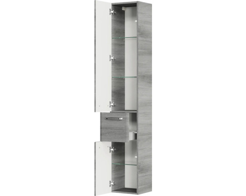 Offener Badezimmer-Hochschrank mit Schublade und Glaseinlegeböden
